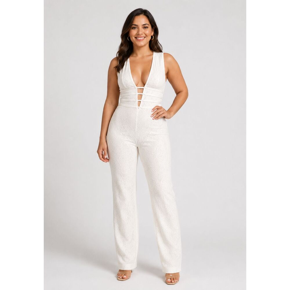 Fashion Nova Patti Jumpsuit Lace Flare Hem White L